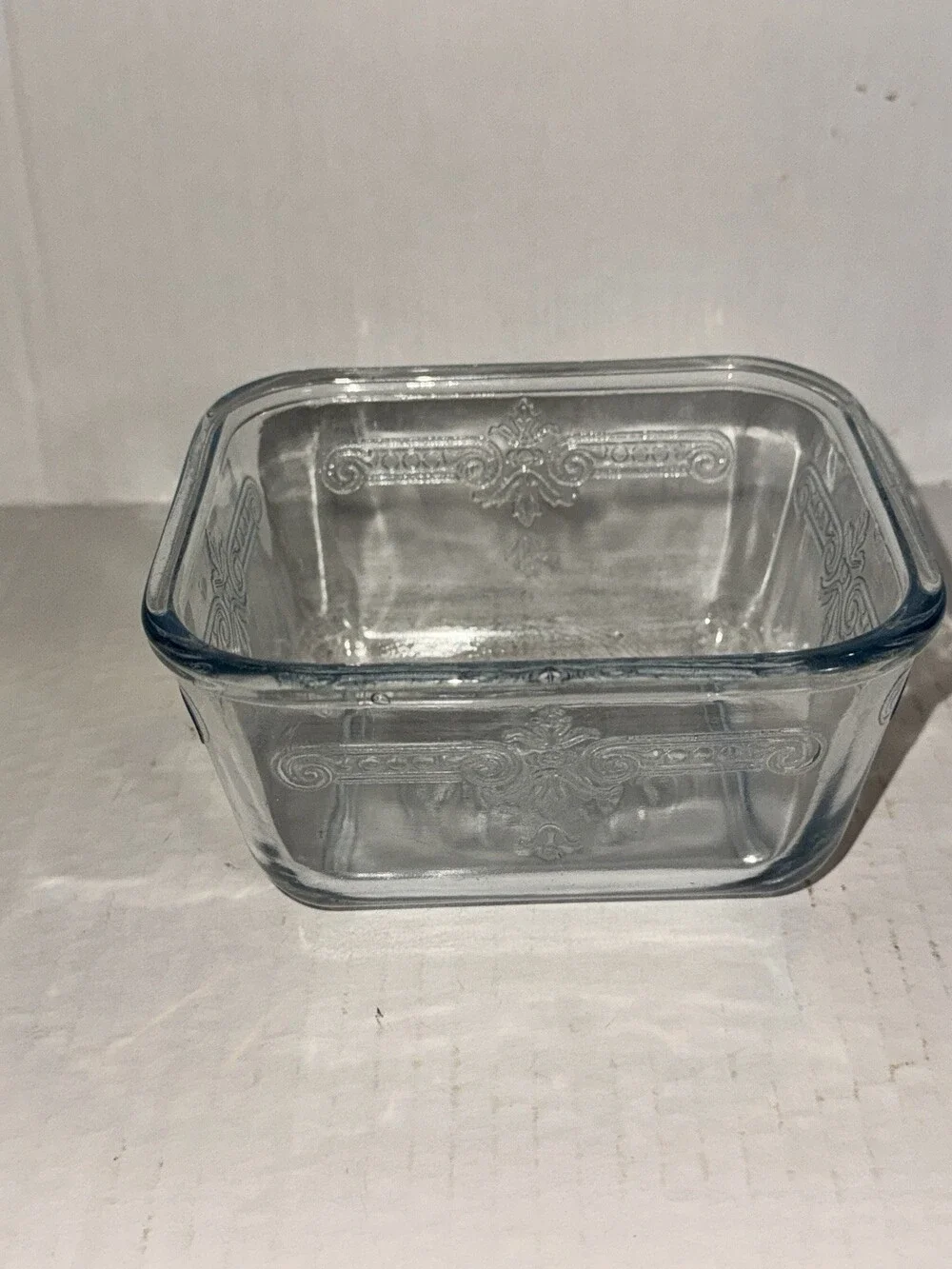 Vintage Blue Tint Glass Refrigerator Dish Embossed Floral Scroll No Lid
